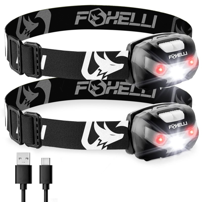 Foxelli USB-C Rechargeable LED Headlamp â€“ Super Bright, Lightweight Head Lamp for Running, Camping, Hiking & Work â€“ Comfortable Fit for Adults & Kids - Image 1